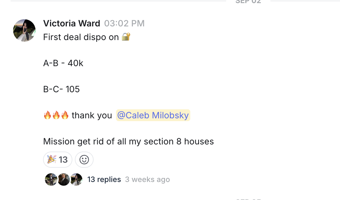Screenshot of Victoria’s first deal
