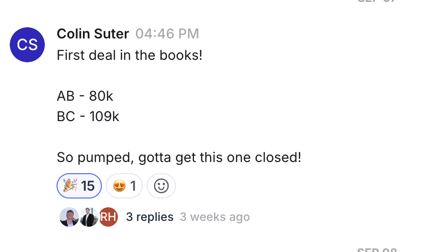 Screenshot of Colin’s first deal